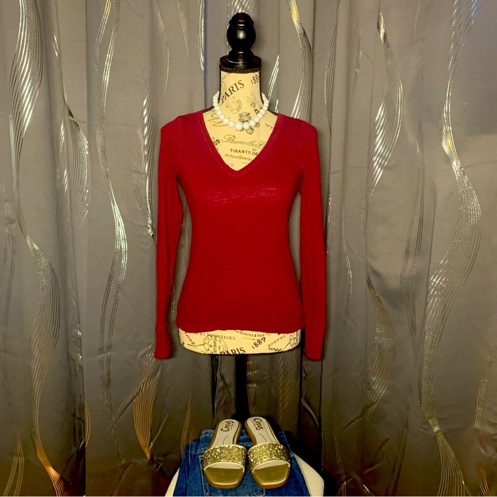 SO Authentic Perfect Tee Shirt Womens XS Maroon Long Sleeve V Neck Casual Ladies